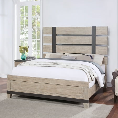 Arbela Wood Slatted Panel Bed Queen Weathered Oak Finish
