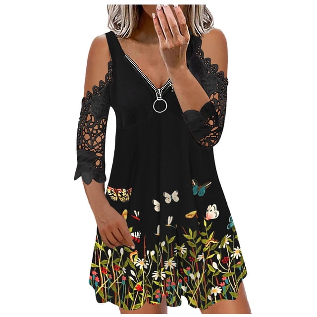 Vestido Informal Con Estampado de Manga Corta Y Cremalleras de Encaje Con Hombros Descubiertos Para Mujer Odeerbi ODB116491