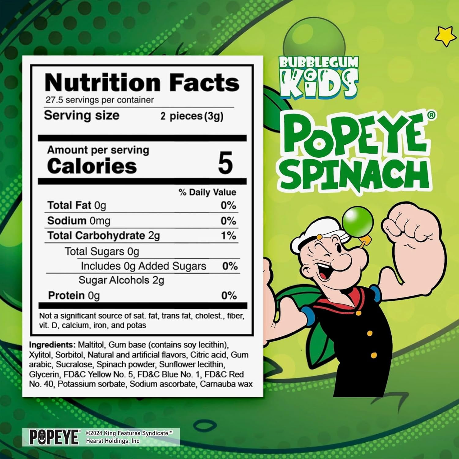 Bubblegum Kids Popeye’s Spinach Sugar Free Gum with Xylitol, Low Calorie Chewing Gum, Topical Fruit Flavor, 10-Pack (55 Count/Pack)