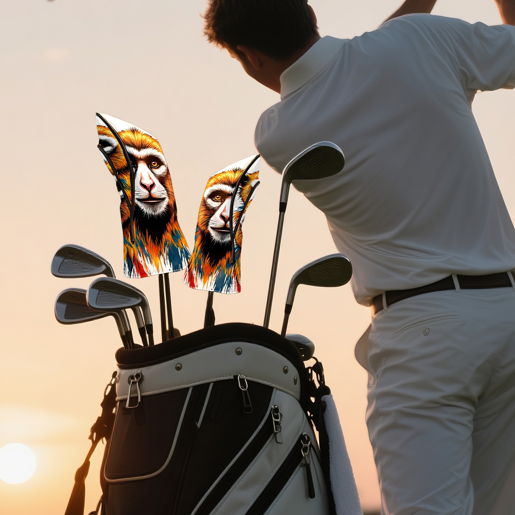 Golf Club Covers, Monkey While Premium PU Leather Driver Hybrid Putter Head Covers with Velvet Lining, Waterproof Golf Gifts for Men Women