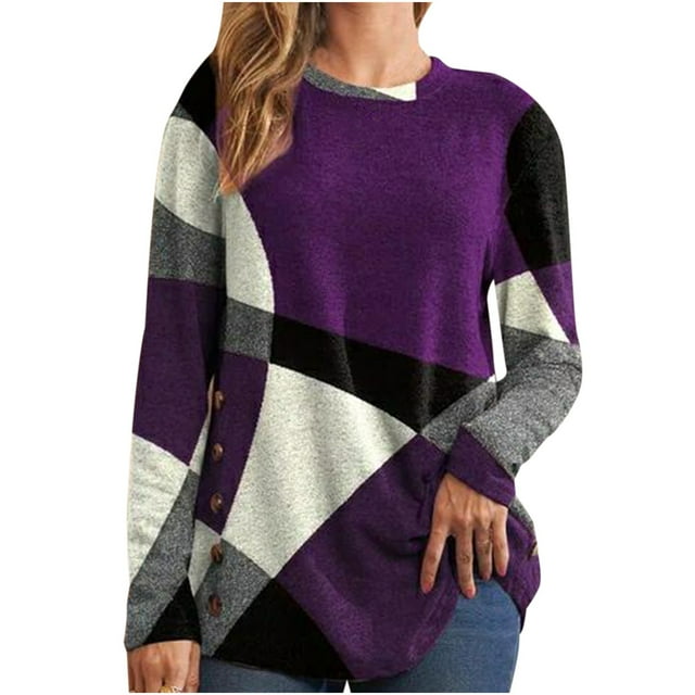 IROINID T-Shirts à Manches Longues pour Femmes, Col Rond, Boutons, Couleur Géométrique Contrastée, Violet