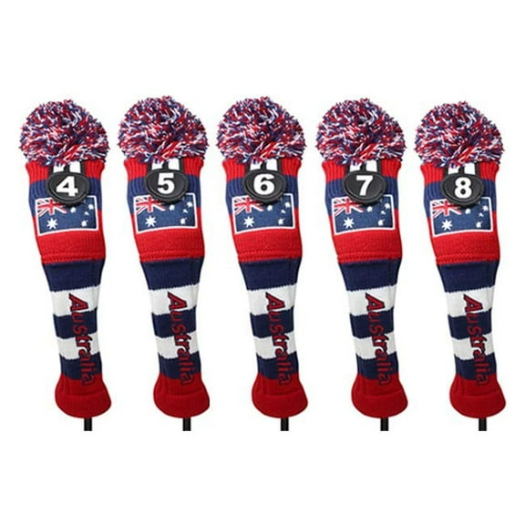 Majek Golf Australia 4 5 6 7 8 Hybrid Set Headcovers Pom Pom Knit Limited Edition Vintage Classic Traditional Flag Retro Head Cover 4-8 Set
