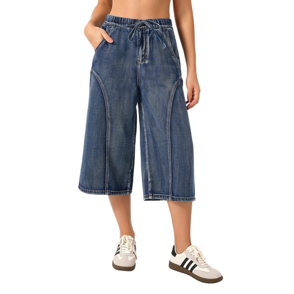 roswear Women's Capri Jeans Non-Stretch Culottes Pants with Elastic Waist