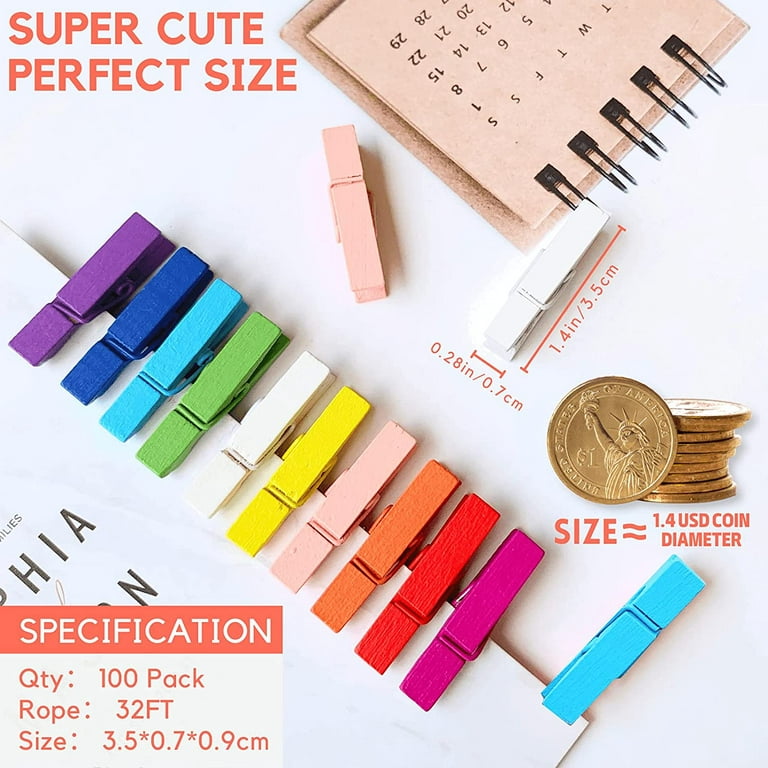 Mini Clothes Pins for Photo, Small Colored Clothespins 100 Pack Wooden  Rainbow Colorful Picture Clips with 32 Ft String for Crafts, Little Baby  Shower, Display Artwork, Hanging Decorative Tiny Cards 
