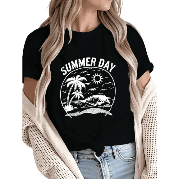 Giffimy Women's Summer Day Beach Palm Tree Graphic Short Sleeve T-Shirt Casual Cotton Crewneck Top