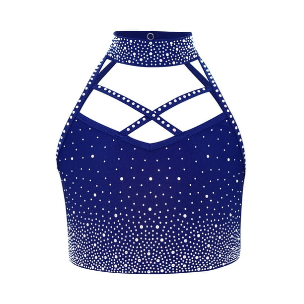 inlzdz Kids Girls Shiny Dance Crop Tank Top Rhinestone Halter
