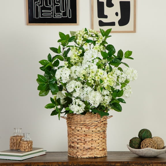 Nearly Natural Mixed Flower Artificial Arrangement in Weave Basket - 31" - White and Green