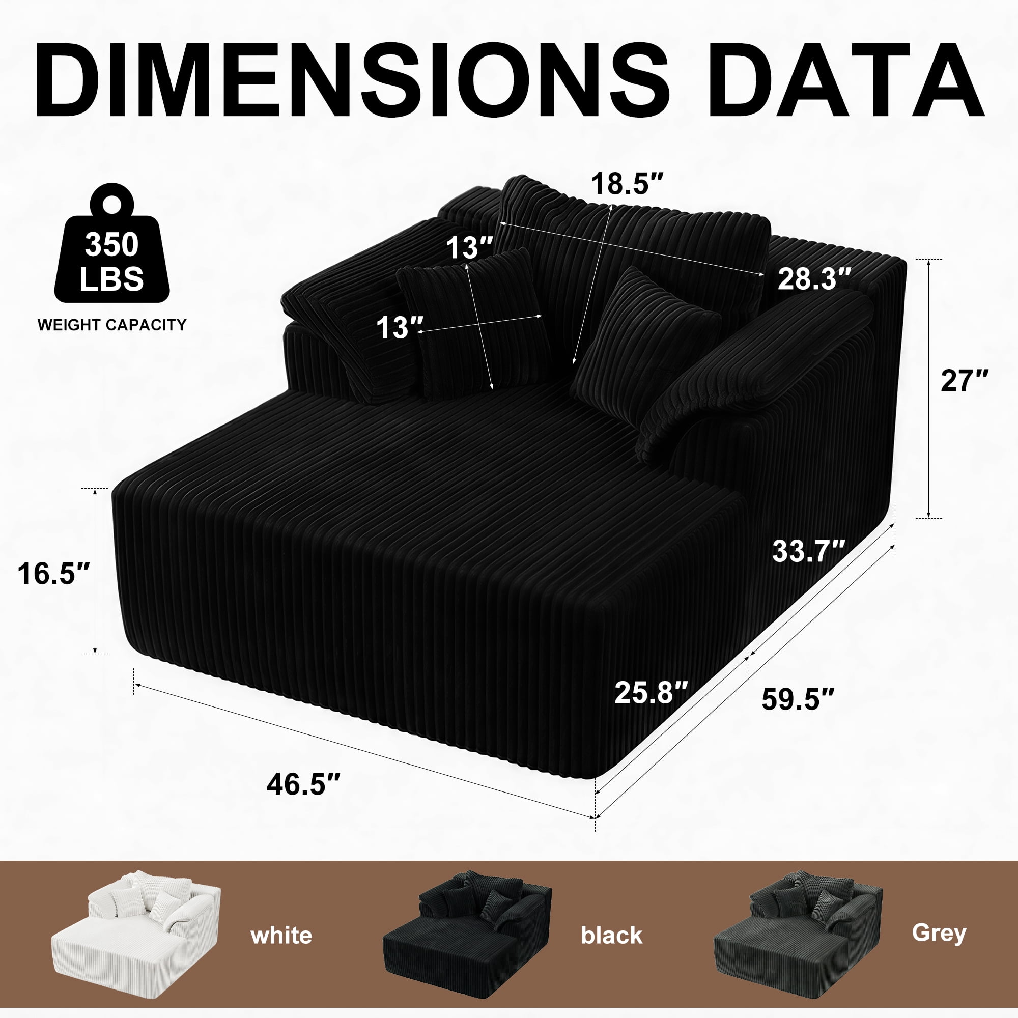 ChenyueFurn 60" Corduroy Chaise Lounge, Oversized Boneless Sofa Bed, Deep Seat Cloud Couch, No Assembly, Black