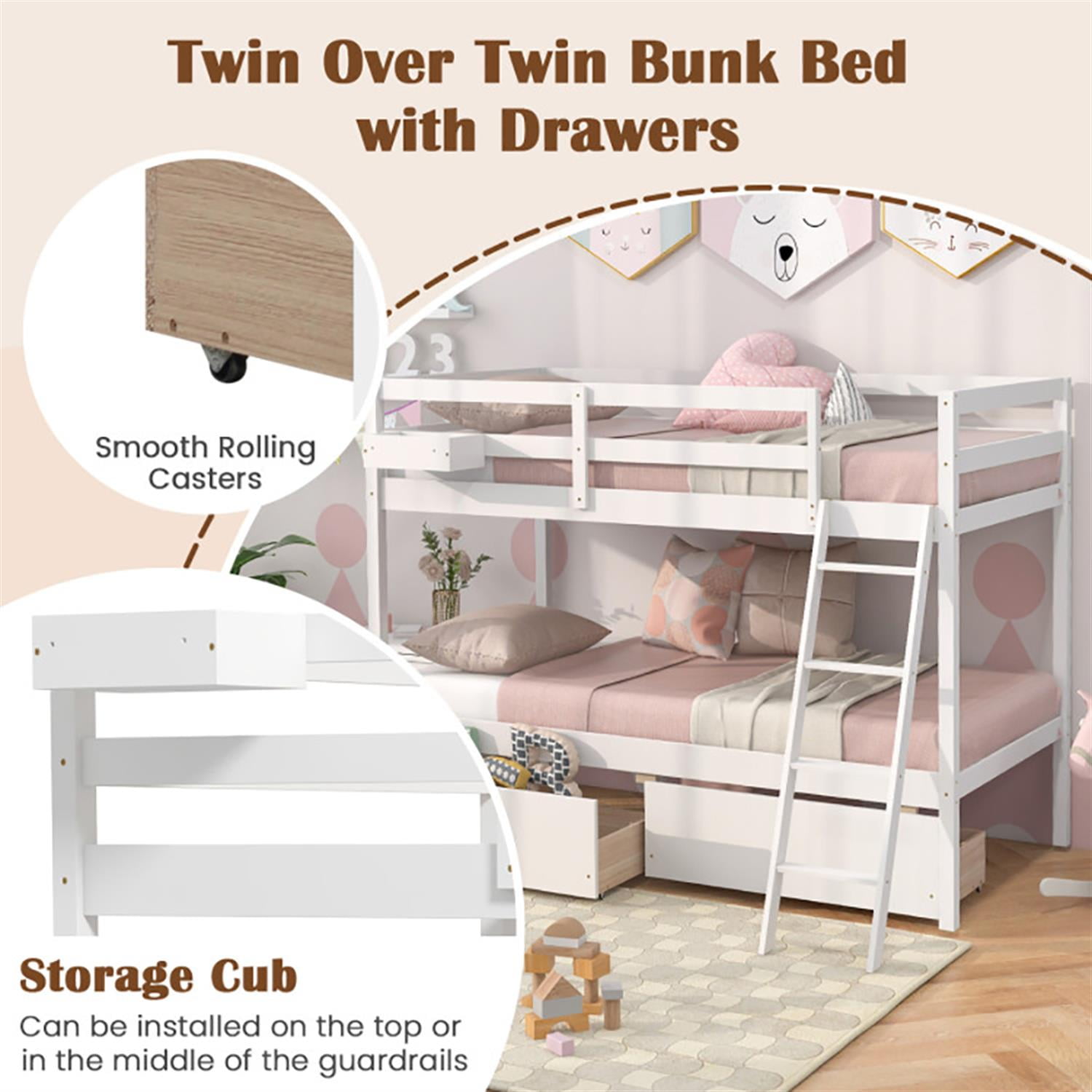 Demi Bonn Twin Over Twin Bunk Bed with 2 Storage Drawers and Ladder, Twin Bunk Beds, Wood Bed Frame No Box Spring Needed, White