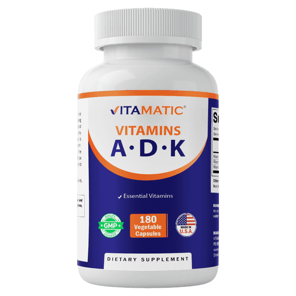 Vitamatic ADK Vitamin Supplement, 180 Veg Capsules, High Potency Vitamins A, D3, K2 for Bone Health, Calcium Absorption, Non-GMO, Gluten Free