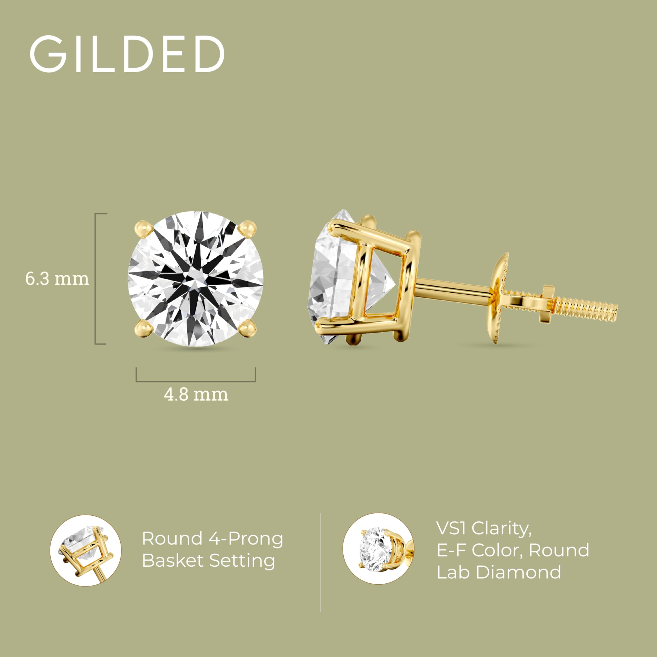 Gilded 2 Carat Total Weight IGI Certified Lab-Grown Diamond 14KT Yellow Gold Stud Earrings for Women| Hypoallergenic Fine Gold Jewelry|4-Prong Basket, Push Back Nut|VSI1 Clarity, E-F Color, Round Cut