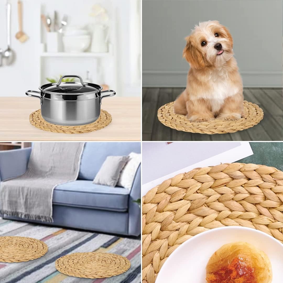 Gixusil 8 Pack 15 inch Woven Placemats, Round Plate Chargers Natural Water Hyacinth Heat Resistant Non-Slip Weave Placemats Farmhouse Straw Braided Rattan Tablemats Wicker Placemats for Dining Table