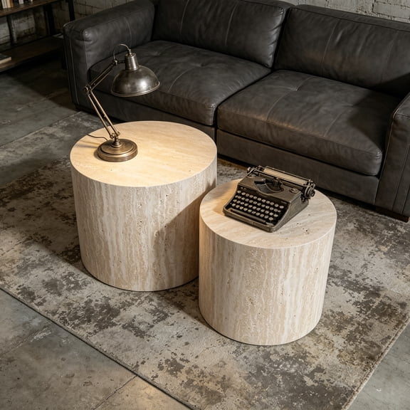 Round Wood Coffee Table Set of 2, Modern Circle Travertine Nesting Coffee Table, Handcrafted Drum End/Side Table Set for Living Room, Small Space, Travertine, D18.2"   D14.6"