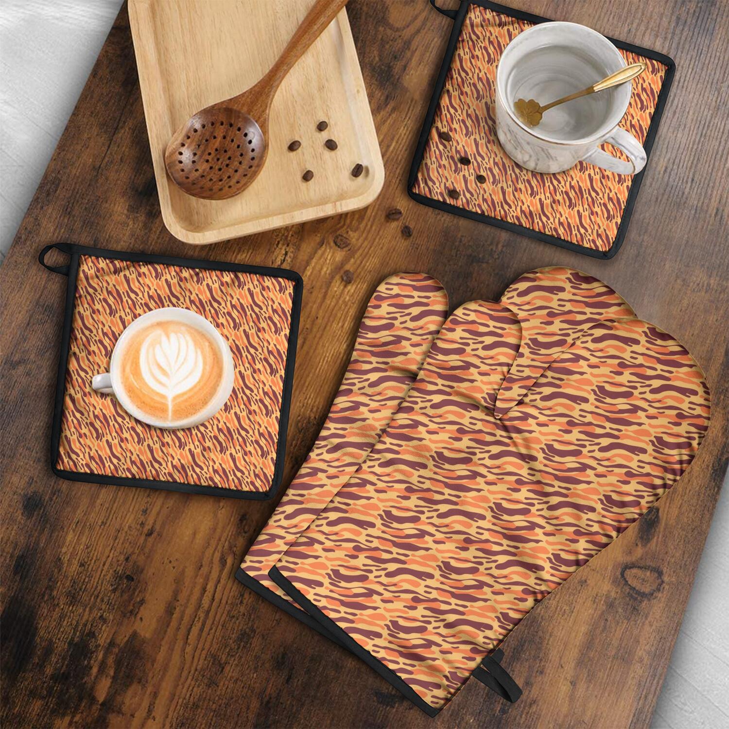 Leopard Print Oven Mitts and Pot Holders Set Of 4, Heat Resistant Kitchen Gloves with Non-Slip Grip, Hanging Loop, Soft Cotton Lining for Baking, Cooking, Grilling, Barbecue