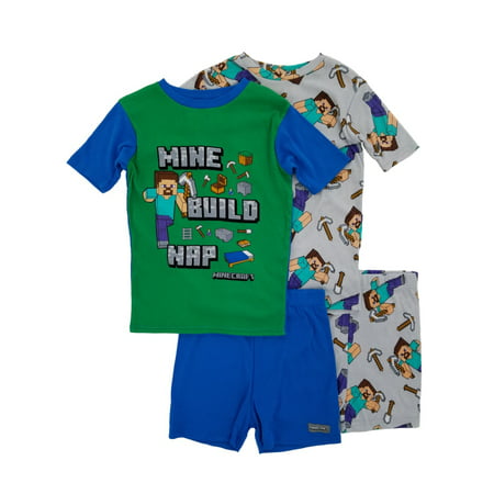 Minecraft Mine Build Nap Boys 4-Piece T-Shirts & Shorts Sleepwear Pajama (Minecraft Best Mine Ever)