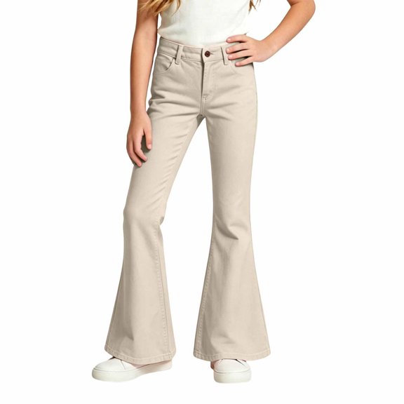 Girls Solid Casual Flare Leg Pants for Big Kids Mid Rise Full Length Back Pocket Stretch Fabric Everyday Bottoms