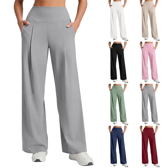 Favoffer Women's High Waist Wide Leg Pants Solid Color Front Pleated Design Pocket Loose Casual Trousers Soft Yoga Everyday Bottom for Walking Lounging Workout