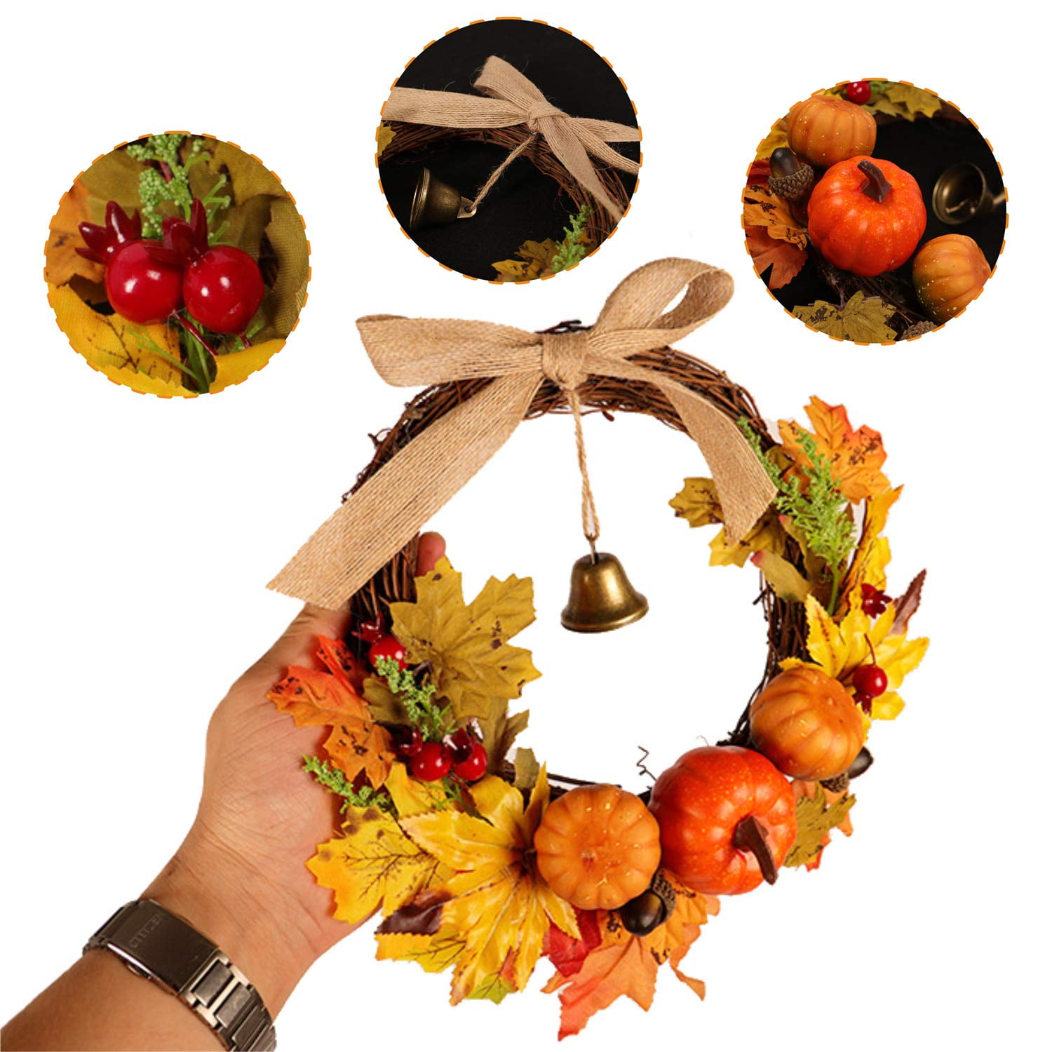 Longshow 17.71 Inch Autumn Artificial Maple Leaf Front Door Wreath Home Décor for Window Wall Sunflowers Leaf Pumpkins and Berries