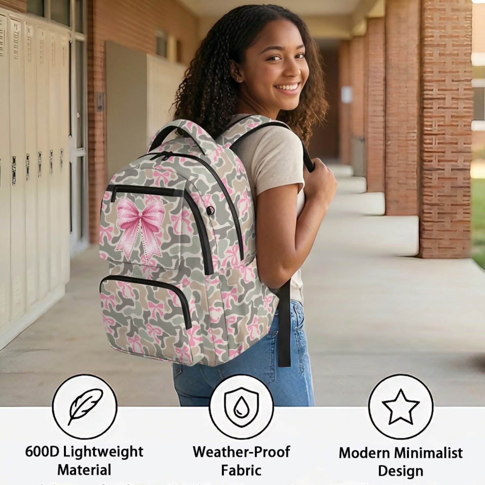 Mochila escolar para adolescentes, rosa salvia con moño camuflaje para niñas de 17 pulgadas, compatible con laptop de 15.6, correas ajustables ligeras para preparatoria 3