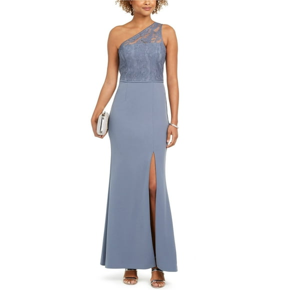 Adrianna Papell Womens Blue Slitted Lace Asymmetrical Neckline Full-Length Evening Dress 12