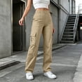 thumbnail image 5 of TEAJOPSUU Women's Twill Cargo Pants Wide Leg Elastic High Waisted Pants with Pockets Casual Tummy Control Trousers for Outdoor Hiking Travel Everyday A-Khaki, 5 of 9