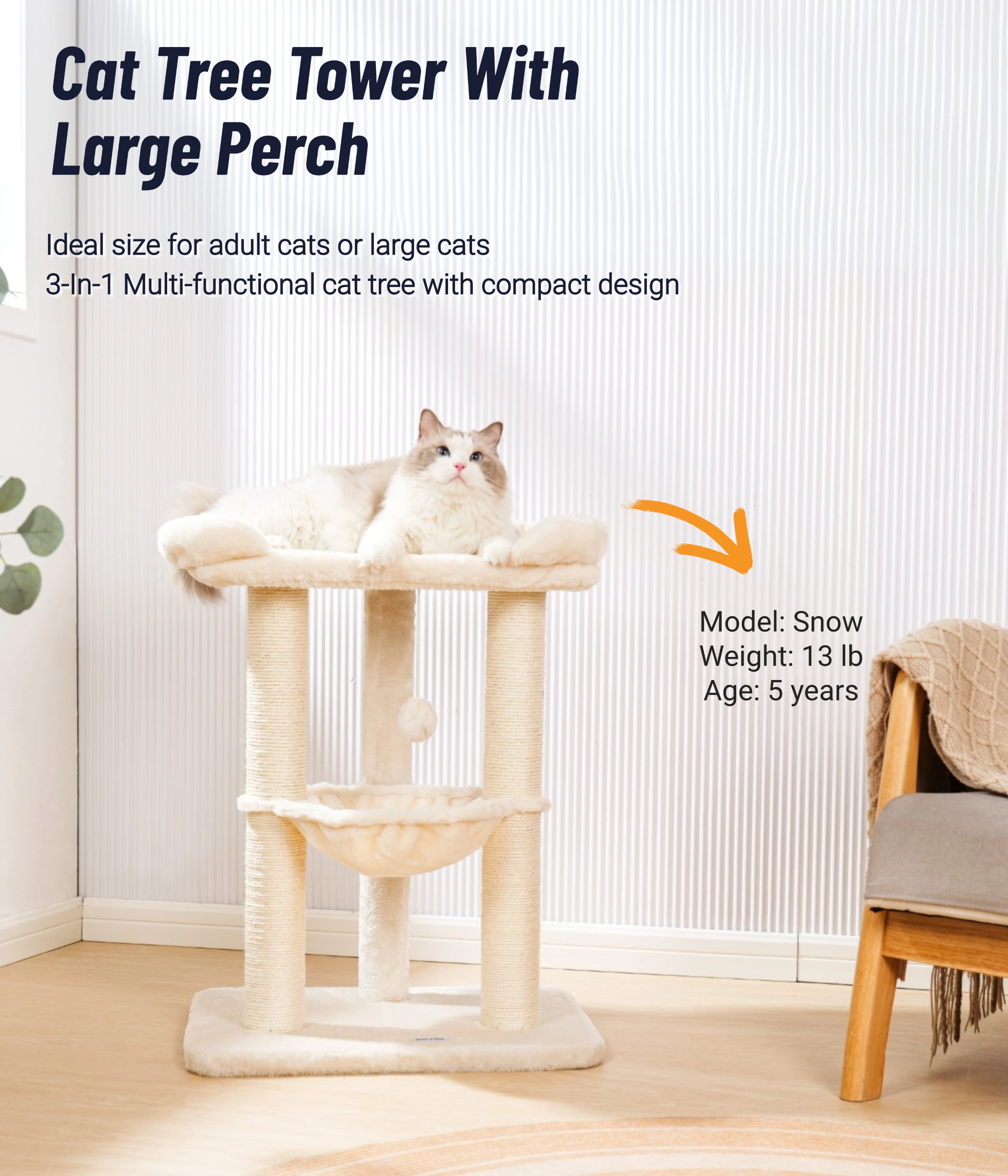 Happi N Pets 28" Cat Tree Tower, Tall Cat Scratching Post with Perch for Window Viewing, Large Bed for Big Cats, Cat Tower with Hammock, Removable Cover-Beige