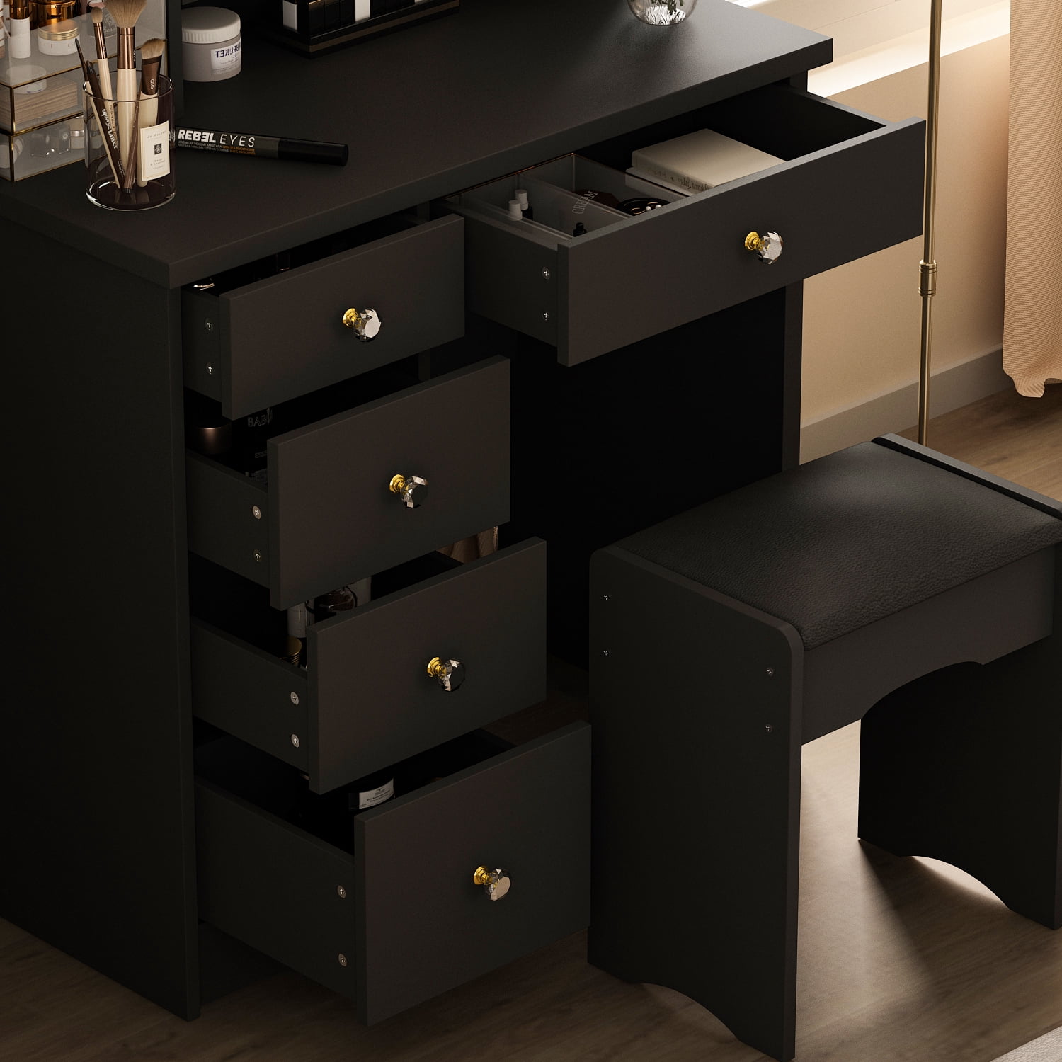 KULAGAGA Vanity Table with Light Round Mirror, Makeup Drssing Desk with Drawers for Bedroom Black