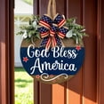 thumbnail image 5 of 3D God Bless America Patriotic Wooden Door Hanger, 14 in Round Front Door Sign with Bow & Greenery, 4th of July Memorial Day Porch Wall Decor, Two-Tone Rustic Woodgrain Style, 5 of 9