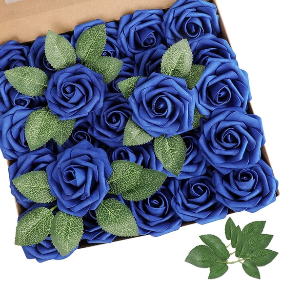 PE Foam Artificial Flowers 8CM Simulation Rose Flower 25pcs Real Looking Blush Foam Fake Roses with Stems For DIY Wedding Bouquets Bridal Shower Centerpieces Party Decorations(Dark Blue)
