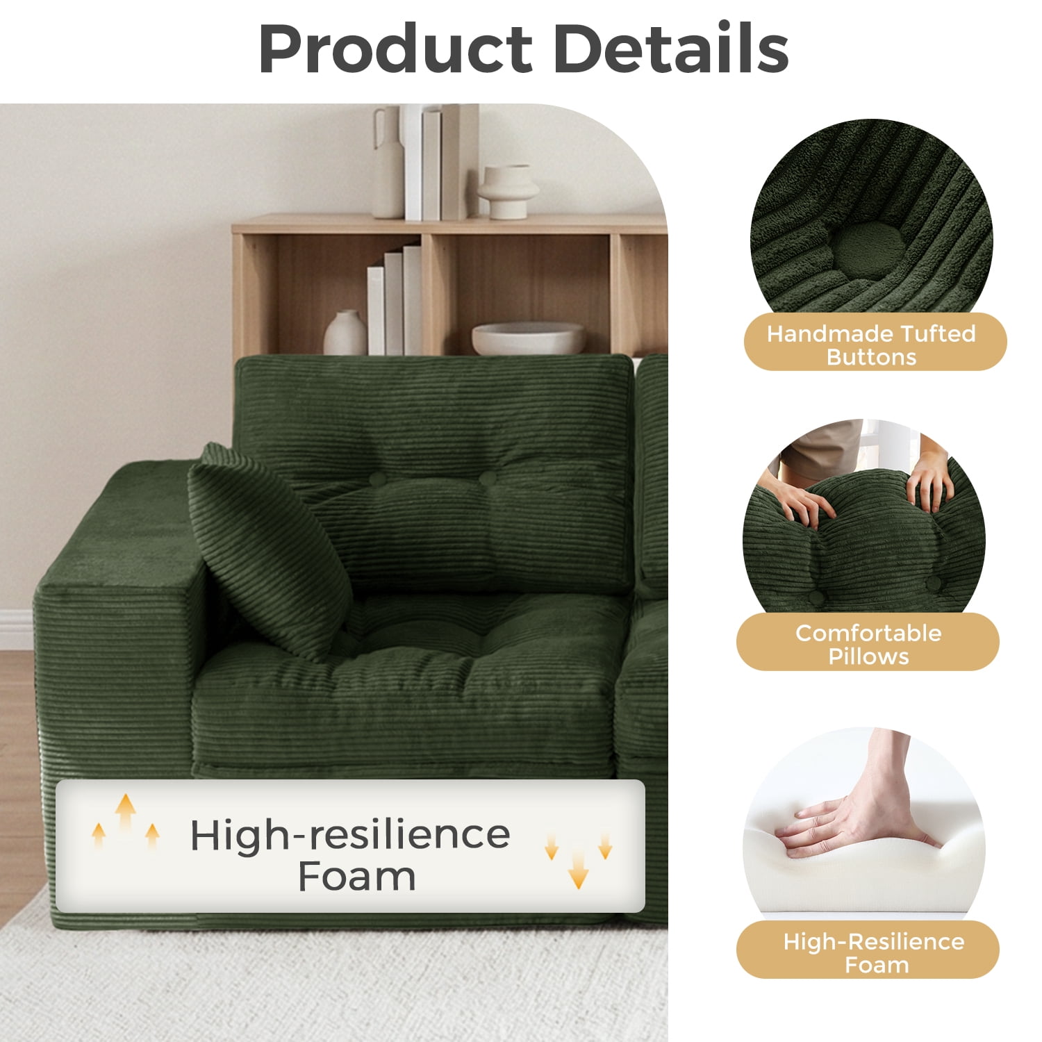 BYBYME 130"Oversized L-Shaped Sectional Sofa Cloud Boneless Modular Couch,Upholstered Sofa with Convertible Left/Right Ottoman for Living Room Bedroom,No Assembly,DGreen