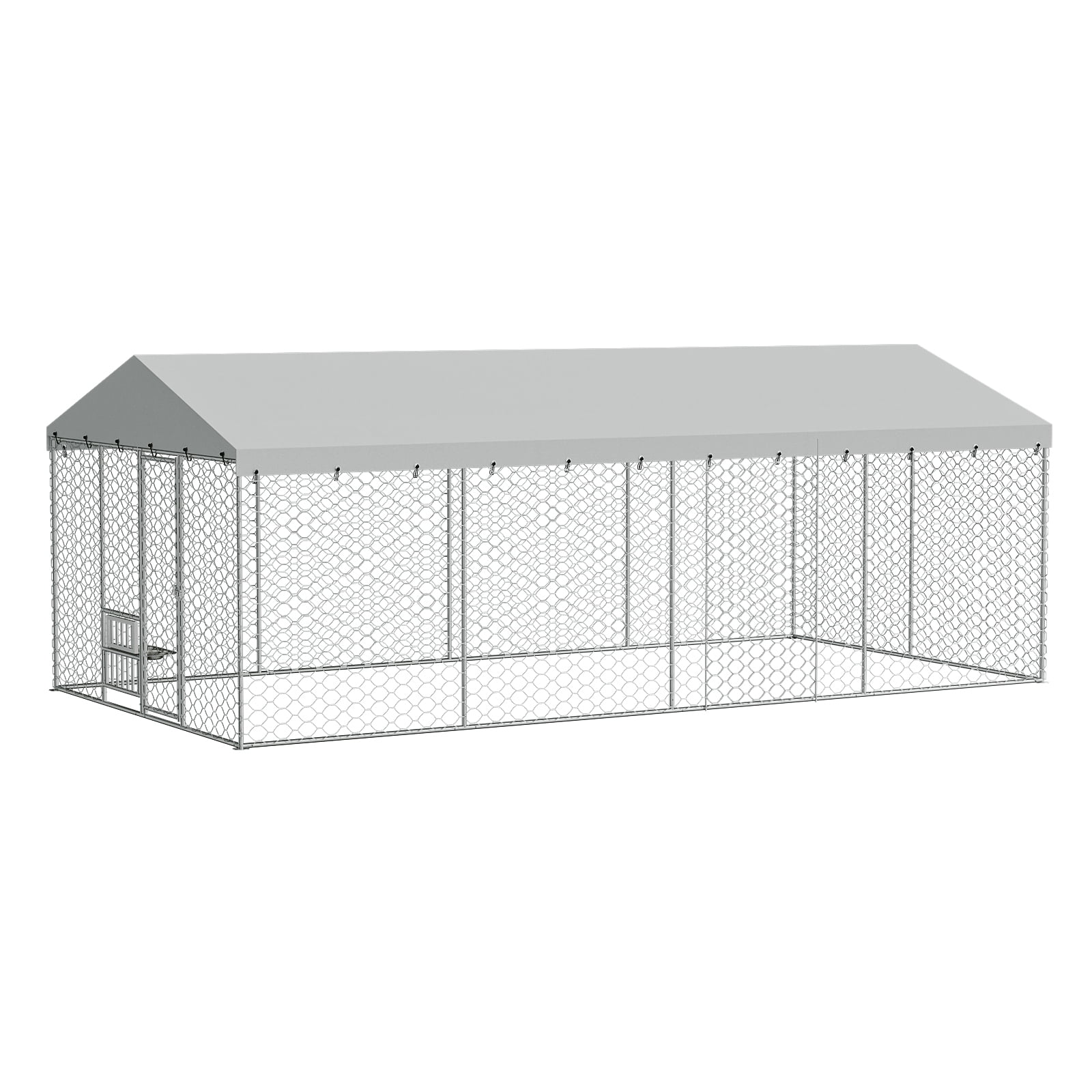 20x10 FT Large Outdoor Dog Kennel with Canopy,Heavy Duty Galvanized Steel,Waterproof Cover,Elevated Feeding Bowls,Escape-Proof Lockable Playpen for Large Dogs & Multiple Pets