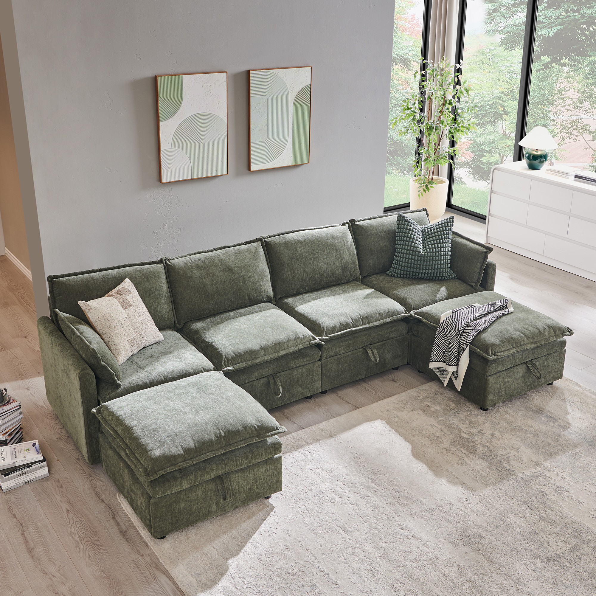 wow97e Modern Sectional Couch Set for Living Room, U-Shaped Cloud Sofa Couch with Large Storage, Chenille Fabric, 4 Seat Couch with 2 Movable Ottomans
