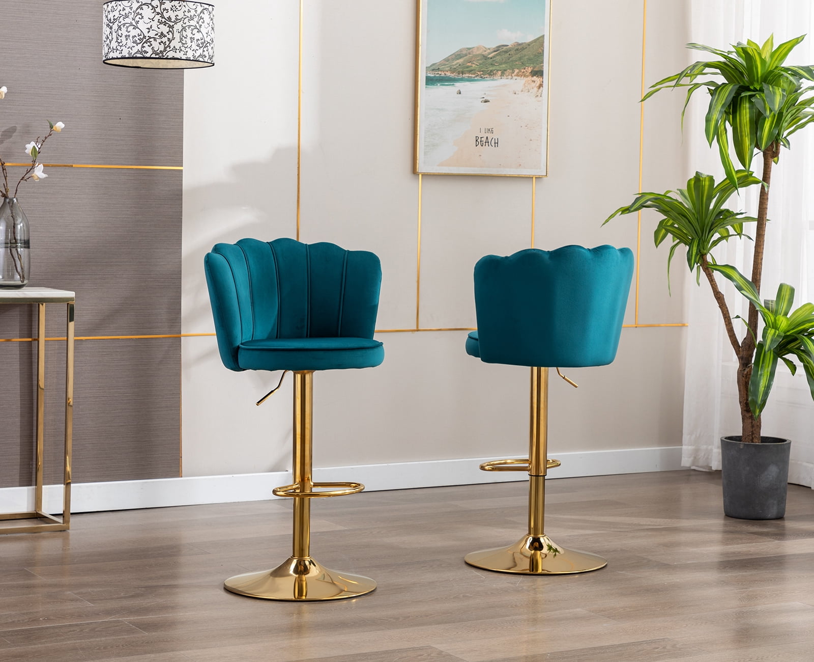 Guyou Swivel Adjustable Bar Stools Set of 2, Velvet Counter Height Barstools with Petal Back and Gold Footrest, Modern Counter Bar Height Stool Chairs for Kitchen Island Bar Cafe, Teal