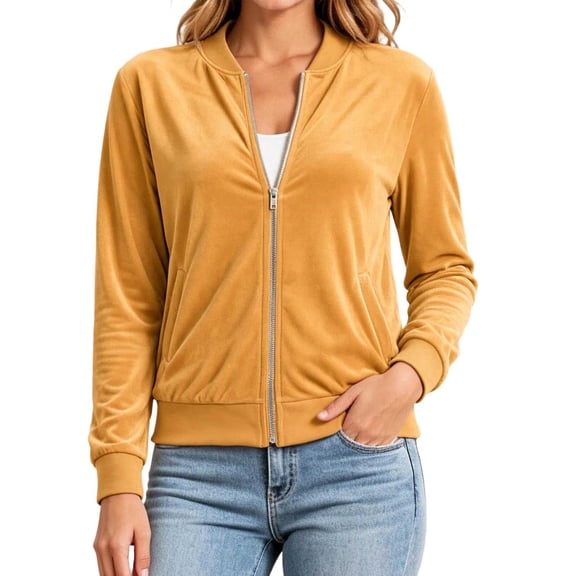 Kukoosong Women's Velvet Bomber Jacket, Long Sleeve Full Zip Up Stand Collar Velour Coat with Pockets, Slim Casual Lightweight Outerwear for Spring Fall Daily Wear