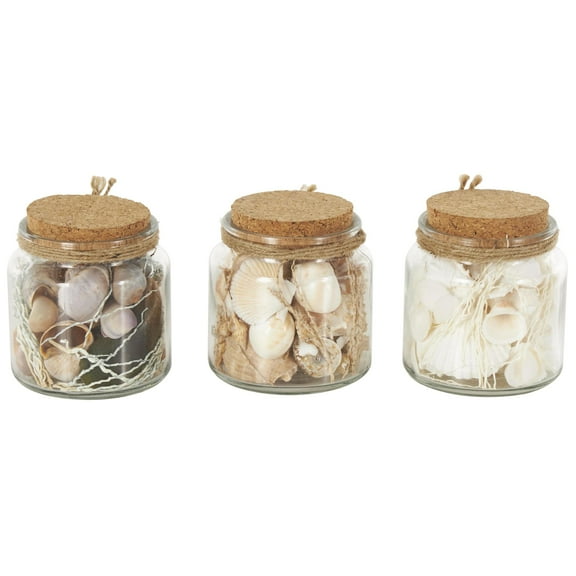 DecMode Clear 4" Glass Orbs & Vase Filler with Seashells and Jute Rope Accents (3 Count)