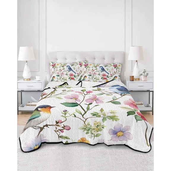 Quilts Twin Size, Spring Bird Floral Soft Comforter Bedding Set for Bed, Summer Birds Flowers Watercolor Lightweight Quilted Bedspread with Pillow Cover(2 Pieces) for All Season, 68x86 Inch