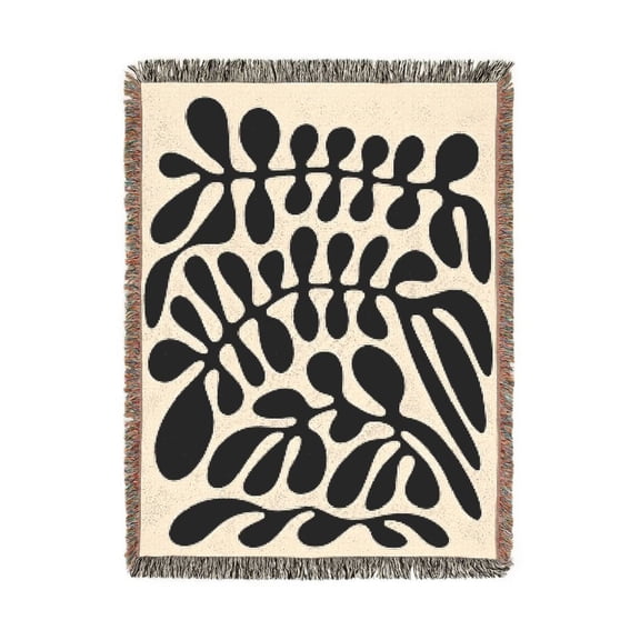 Black and Cream Abstract Botanical Woven Blanket, 100% Cotton, Modern Living Room Decor