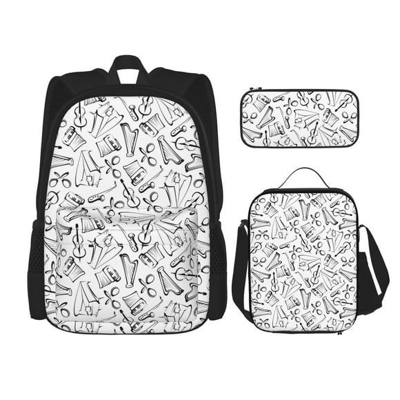Balery Black White Music Mochila escolar 3 en 1 para niños: mochila resistente con lonchera térmica y estuche para lápices. Mochila escolar para niños y niñas.