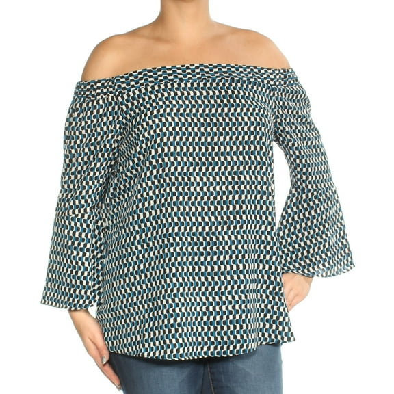 NY COLLECTION $50 Womens New 1471 Blue Geometric Bell Sleeve Top L B B