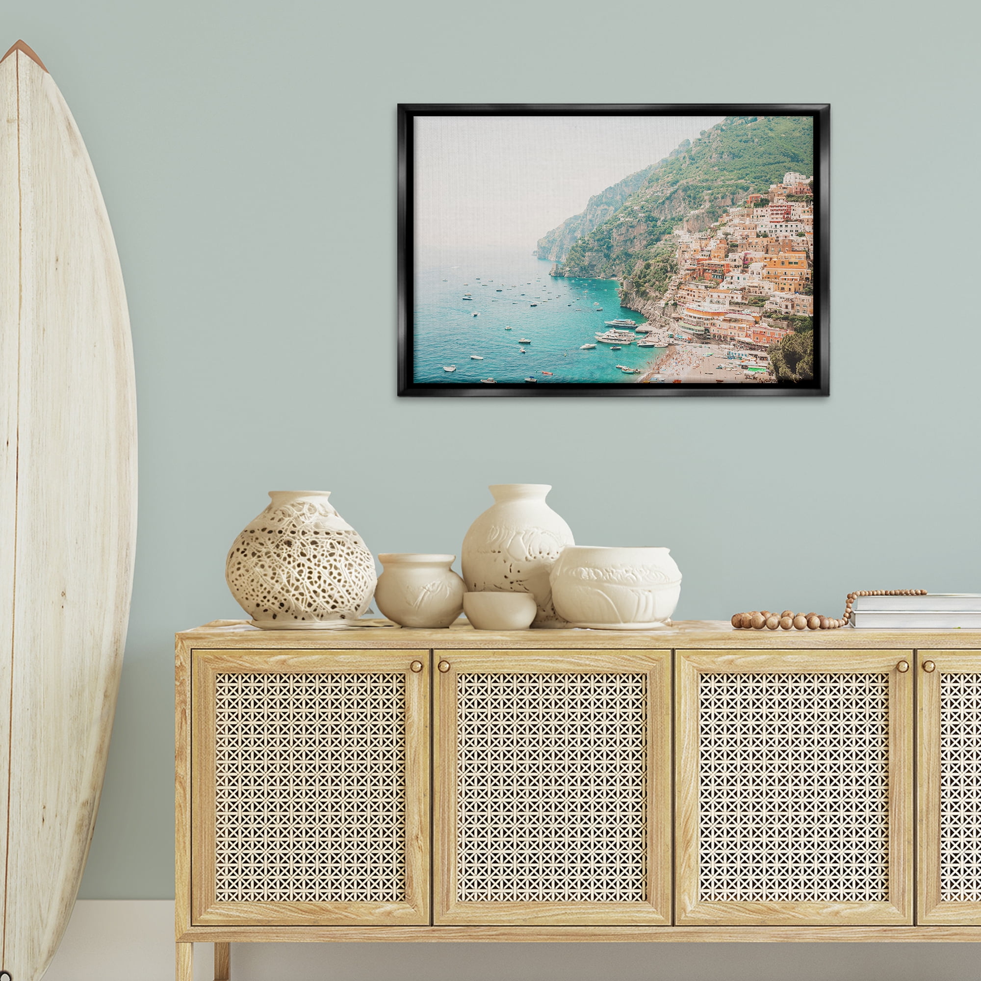 Stupell Industries Amalfi Coast Harbor Cities & Countries Photography Black Floater Framed Canvas Art Print Wall Art, 31 x 21