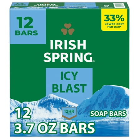 Irish Spring Icy Blast Deodorant Bar Soap for Men, With Flaxseed Oil, 3.7 oz Bar (12 Pack)