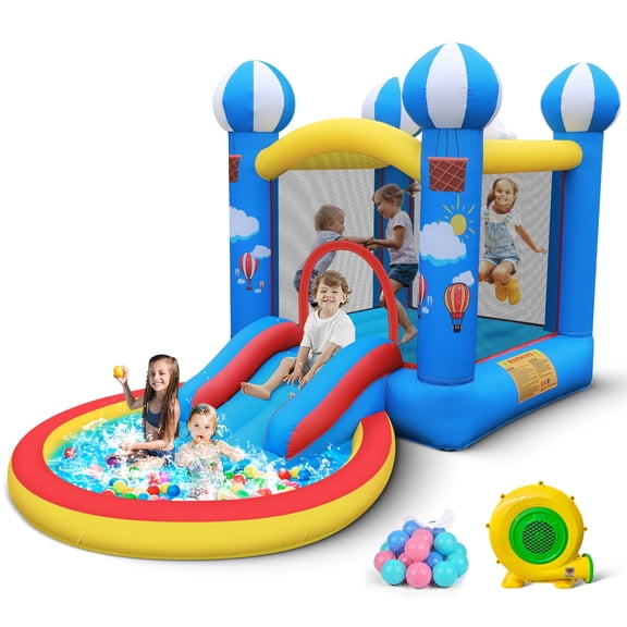 Culaluva Inflatable Bounce House: 4 in 1 Bouncy Castle with Ball Pit & Slide for Kids Age 3-6 with 370 Watt Blower and Storage Bag for Indoor Outdoor Play Oxford Cloth