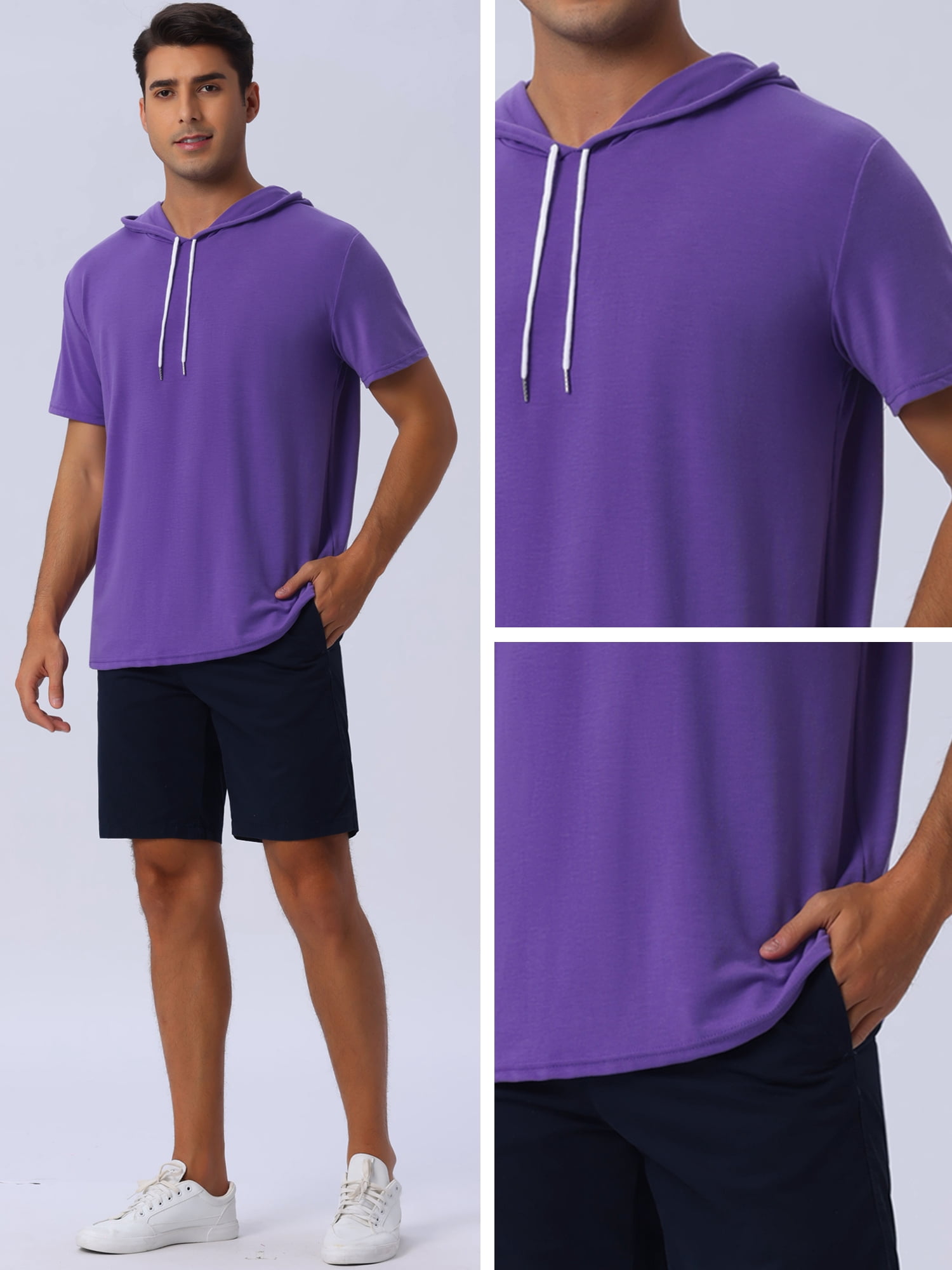 DARING DIVA Men's Casual Short Sleeve Pullover Drawstring Hooded T-Shirt XL Purple