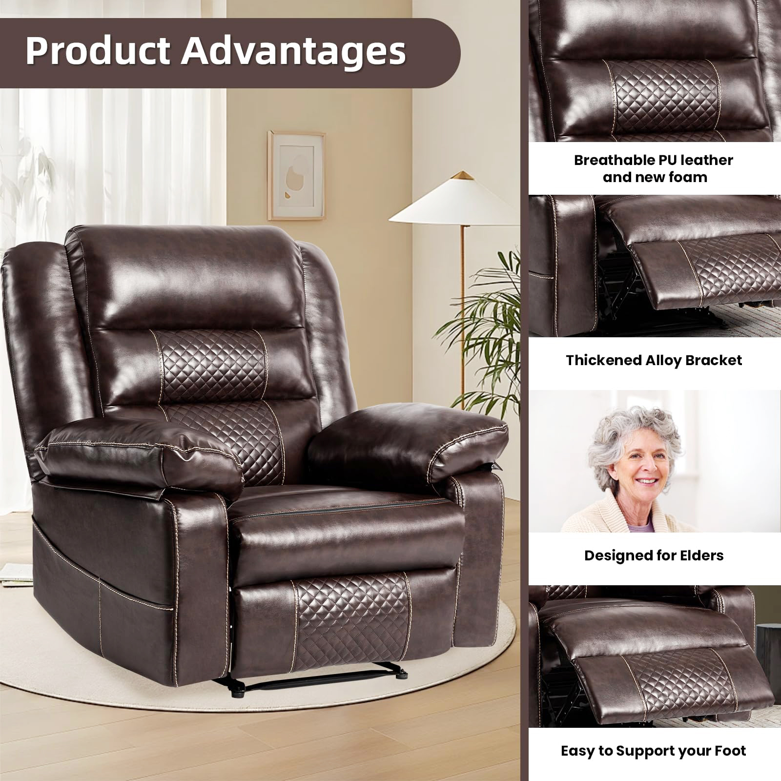 Netrum Oversized Lazy Boy Recliner Chairs for Adults Elderly 8 Point Power Massage Heat Modern Adjustable Manual Reclining Sofa with Lay Flat 160 2 Side Pockets Breathable Leather Brown Walmart
