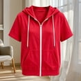 thumbnail image 4 of Girls Solid Loose Zip up Hooded Jacket Lightweight Short Sleeve Sweatshirt Jacket with Pockets, Casual Spring Fall Outerwear for Kids Red 150(150), 4 of 5