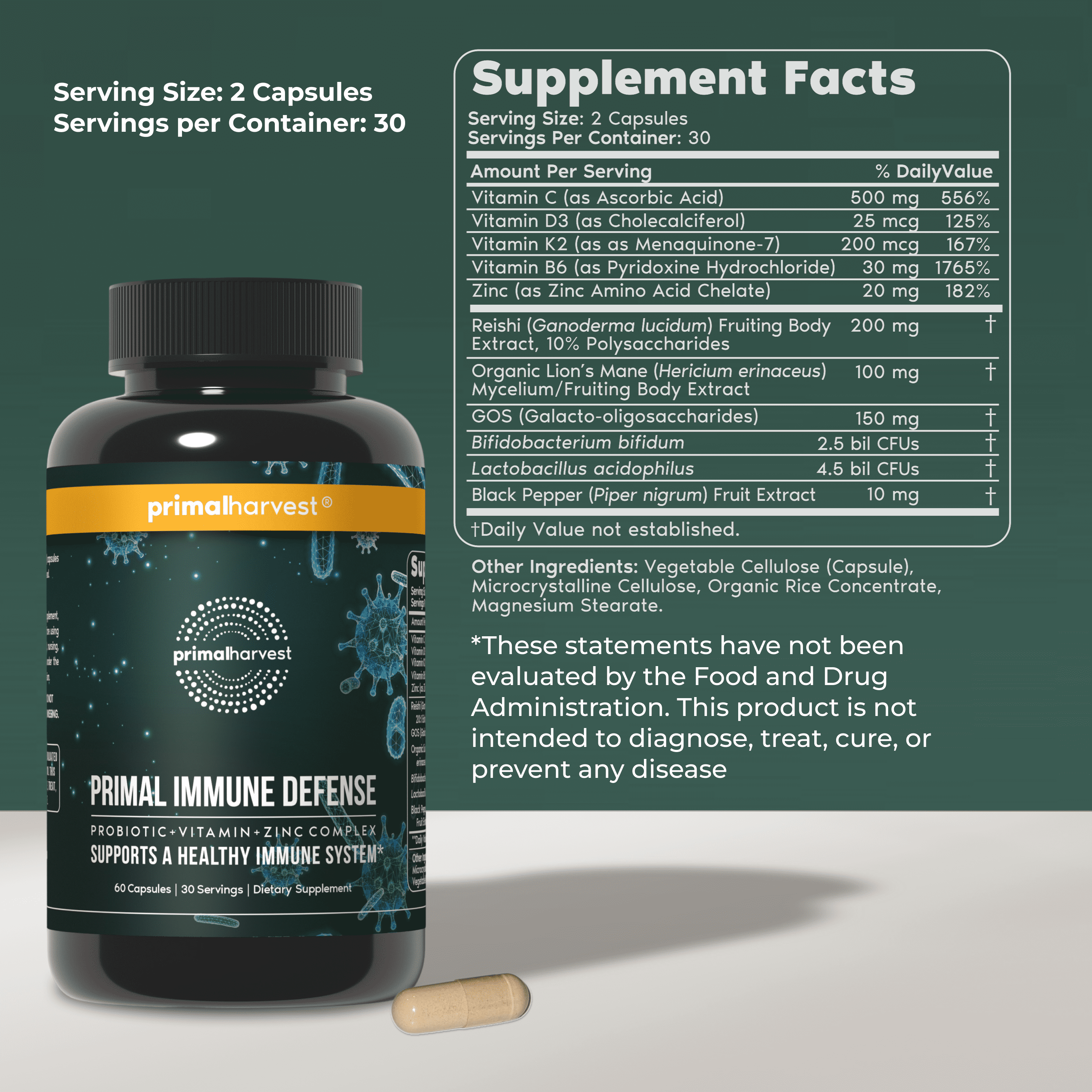 Primal Harvest Primal Immune Defense 10-in-1 Immune Support Supplement, 60 Capsules
