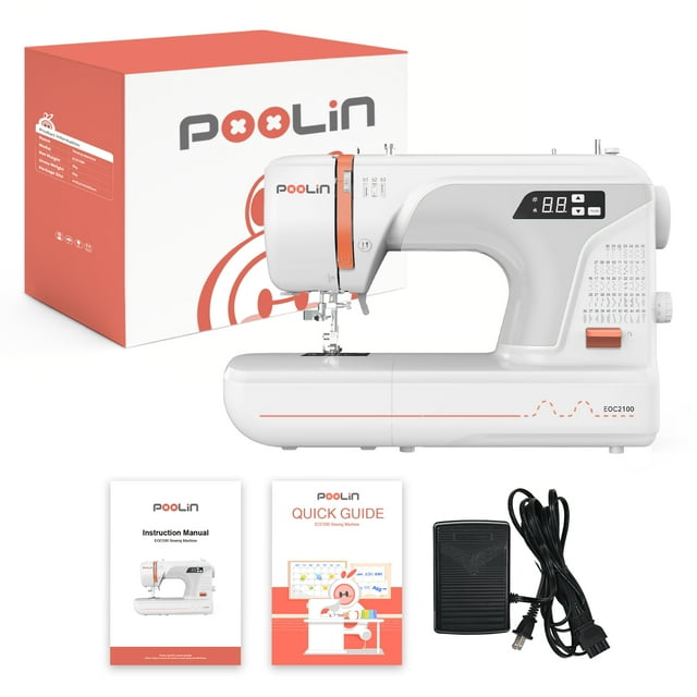Poolin EOC2100 Machine à Coudre Informatisée avec 107 Points et 8 Styles de Boutonnière Enfile-Aiguille Automatique et Accessoires pour Projet de Courtepointe et de Couture