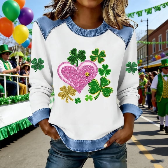 Vekome St Patricks Day Women Long Sleeve Tops Plus Size Green Shirts Crewneck Holiday Irish Themed Tee Shirts Holiday Pullover Tops