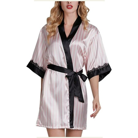 

Plus Size Sexy Lingerie Women Silk Stripe Robe Satin Bathrobe Sleepwear Pajamas adult onesie pajamas for women Pink XL