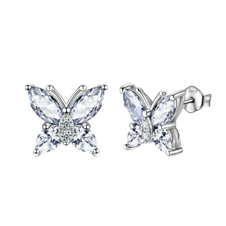 Juwaliy Butterfly Earrings Diamond April Birthstone Studs Earring 925 Sterling Silver Women Jewelry Wife Valentines Mother's Day Gifts for Mom/Grandma